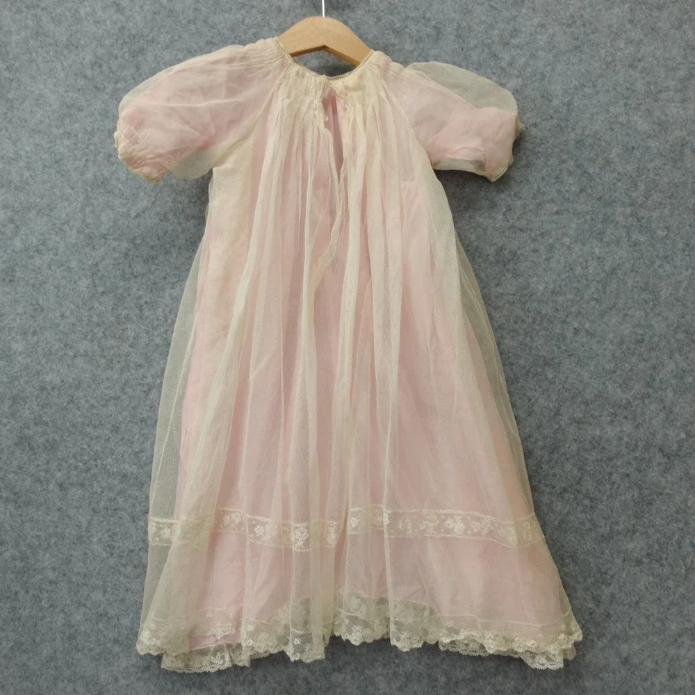 Vintage 50s Victorian Nightgown Dress Baby Girl 18 24M Pink Tulle Lace Heirloom